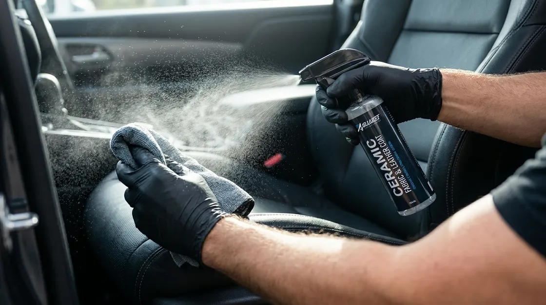Detailer spraying fabric and leather ceramic coating onto a car seat