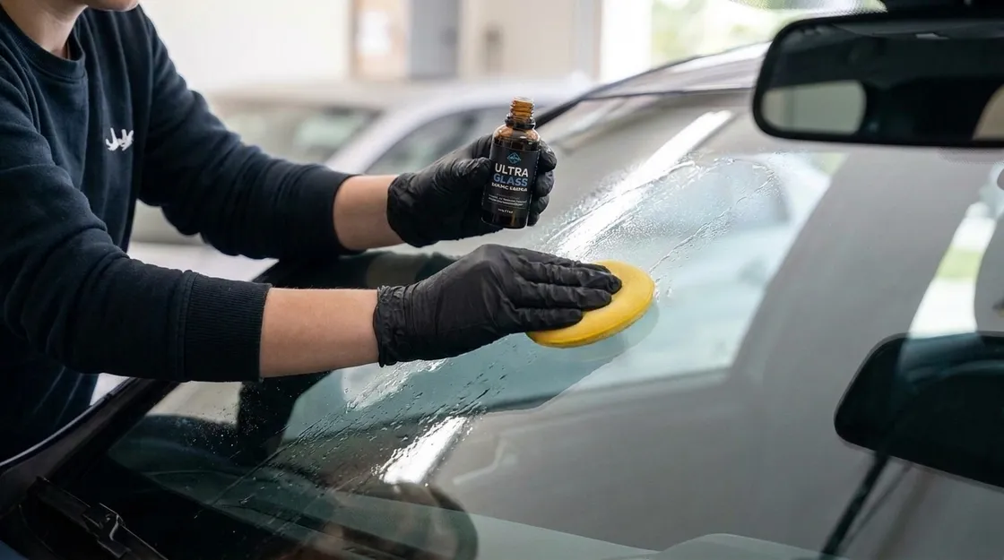 Detailer machine polishing a windshield before applying GTECHNIQ G1 glass coating