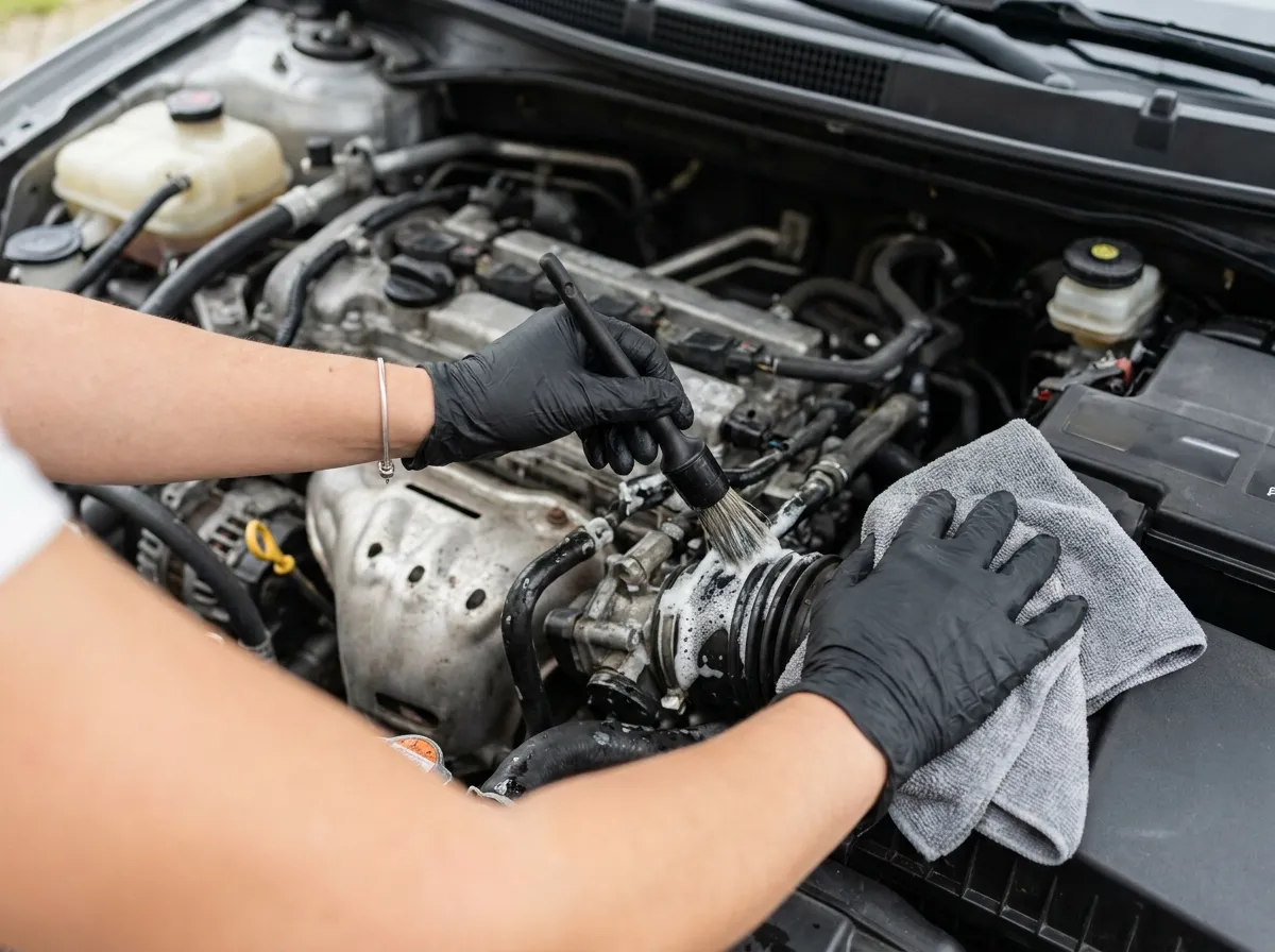 Gloved hands working degreaser into an engine bay with a detailing brush and a microfibre towel
