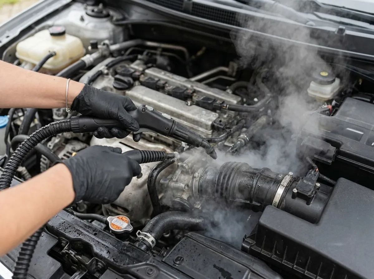 Steam lance cleaning an engine bay, steam rising around the intake and hoses