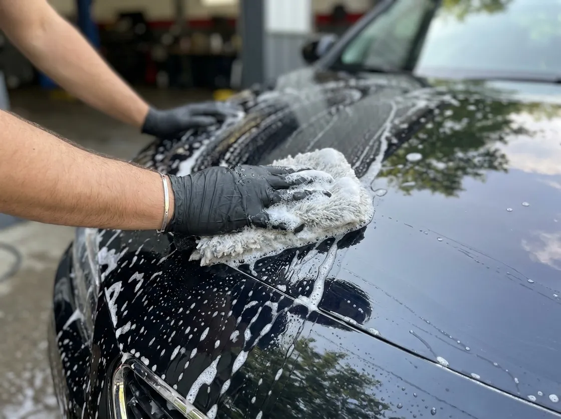 Gloved hand washing a foamed black bonnet with a wash mitt
