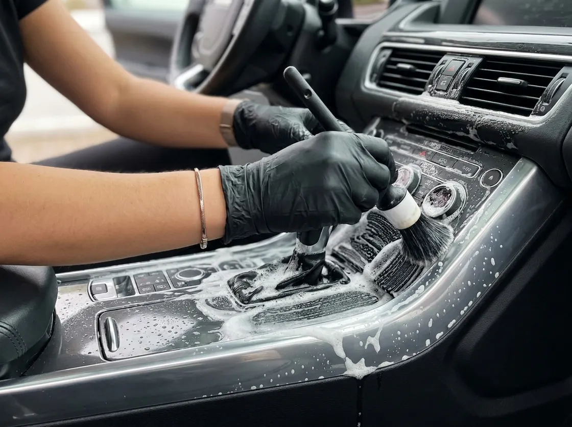 Gloved hands scrubbing a foamed centre console with detailing brushes