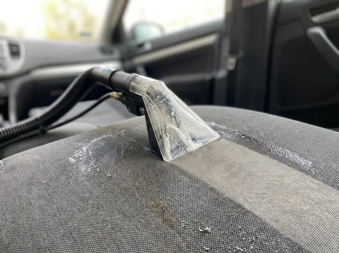 Extractor nozzle pulling dirt out of a fabric car seat